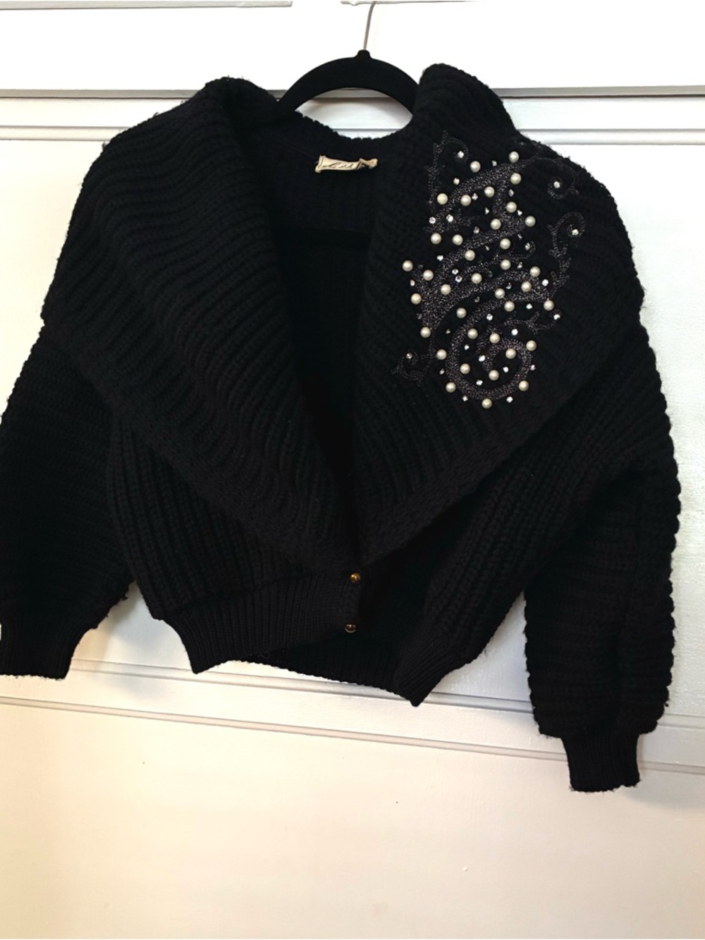 Vintage 80s 1980s Black Embellished Shawl Collar Cardigan Knit Crop Sweater